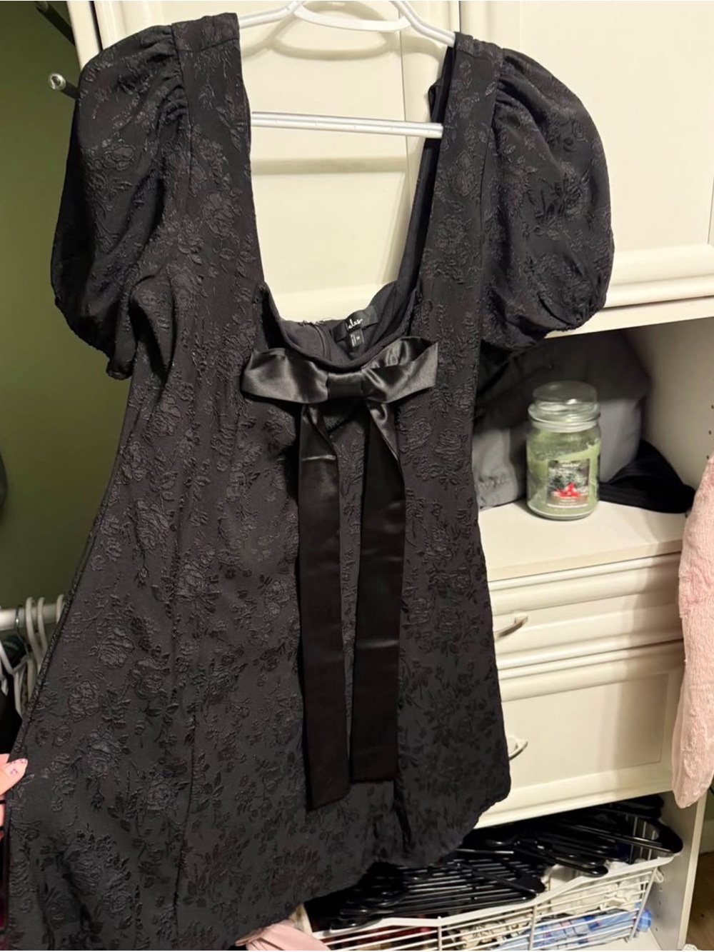 Lulu's Black Jacquard Puff-Sleeve Mini Dress with Satin Front Bow